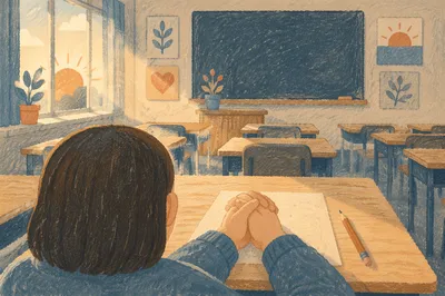 Student Praying Before Exam in Classroom