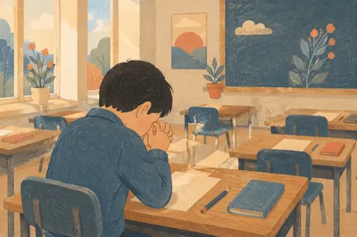 Student Praying Before Exam in Quiet Classroom