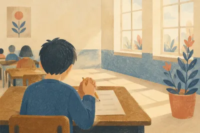 Student Praying Before Classroom Exam