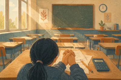 Student Praying Before Exam in Classroom
