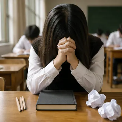 Student Praying Before Exam in Classroom