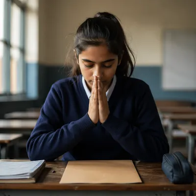 Teenage Girl Praying at Classroom Desk
