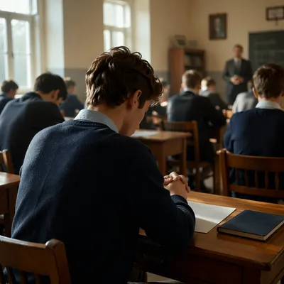 Student Praying Before Exam in Classroom