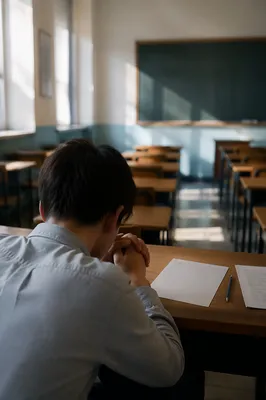 Student Praying Before Exam in Classroom