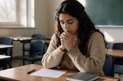 Student Praying Quietly at Classroom Desk