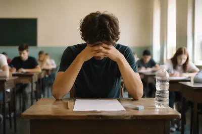 Student Praying Before Classroom Exam