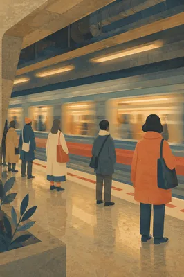 Evening Subway Arrival With Waiting Commuters