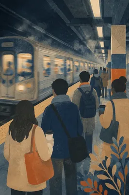 Morning Subway Arrival with Waiting Commuters