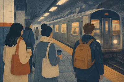 Morning Subway Arrival with Waiting Commuters