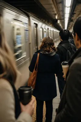 Morning Subway Arrival with Waiting Commuters