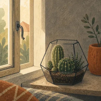 Sunlit Succulent Terrarium on Cozy Window Ledge