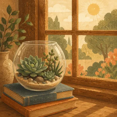 Sunlit Succulent Terrarium on Wooden Window Ledge