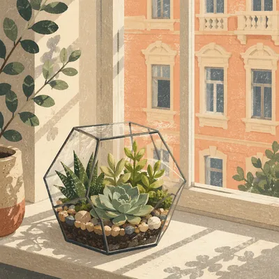 Sunlit Succulent Terrarium on Cozy Window Ledge