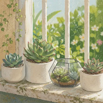 Sunlit Succulent Terrarium on Window Ledge