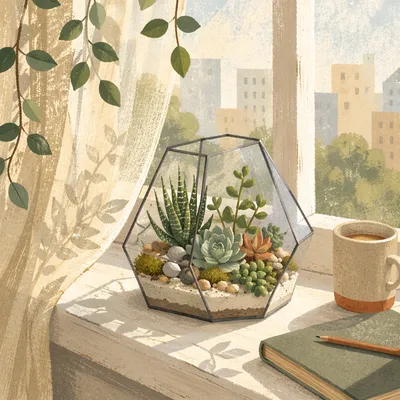 Sunlit Succulent Terrarium on Apartment Window Ledge