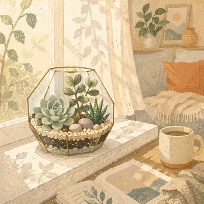 Sunlit Succulent Terrarium on Window Ledge