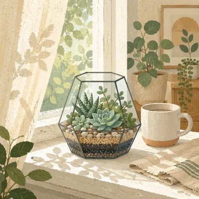 Sunlit Succulent Terrarium on Window Ledge