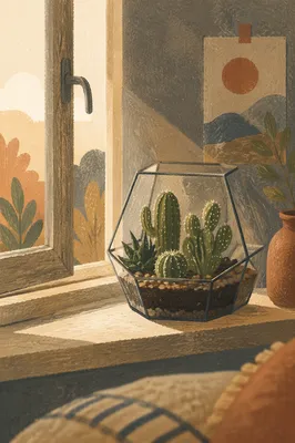 Sunlit Succulent Terrarium on Cozy Window Ledge