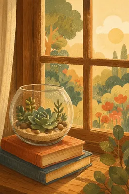 Sunlit Succulent Terrarium on Wooden Window Ledge