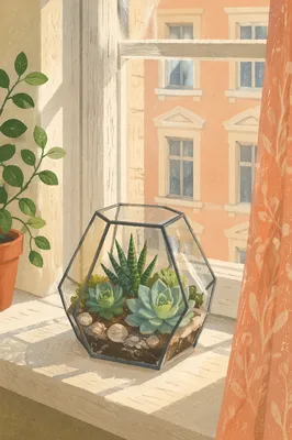 Sunlit Succulent Terrarium on Cozy Window Ledge
