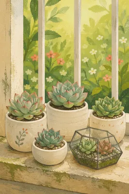 Sunlit Succulent Terrarium on Rustic Window Ledge