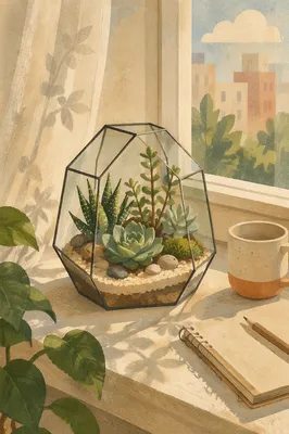 Sunlit Succulent Terrarium on Apartment Window Ledge