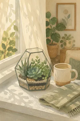 Sunlit Succulent Terrarium on Apartment Window Ledge