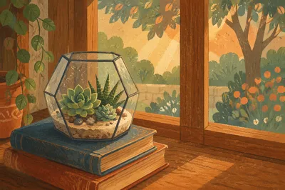 Sunlit Succulent Terrarium on Wooden Window Ledge