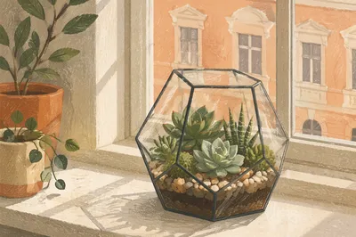Sunlit Succulent Terrarium on Cozy Window Ledge