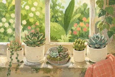 Sunlit Succulent Terrarium on Window Ledge