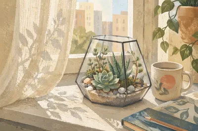 Sunlit Succulent Terrarium on Apartment Window Ledge