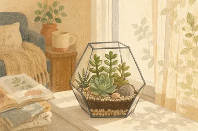 Sunlit Succulent Terrarium on Window Ledge