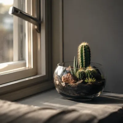 Sunlit Succulent Terrarium on Cozy Window Ledge