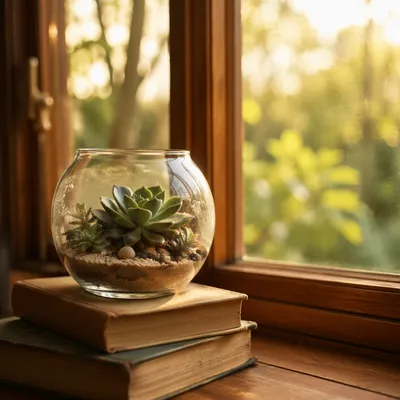 Sunlit Succulent Terrarium on Wooden Window Ledge