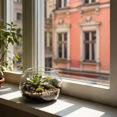 Sunlit Succulent Terrarium on Cozy Window Ledge