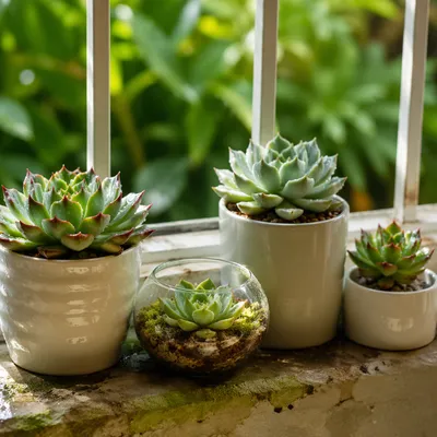 Sunlit Succulent Terrarium on Weathered Window Ledge