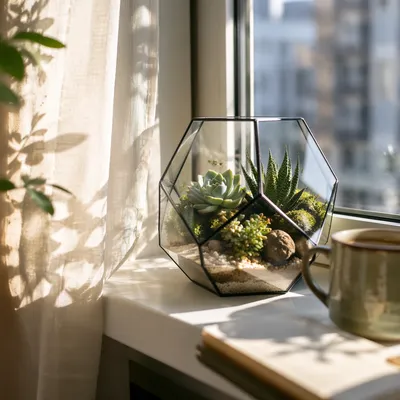 Sunlit Succulent Terrarium on Apartment Window Ledge