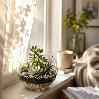Sunlit Succulent Terrarium on Window Ledge