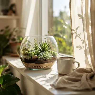 Sunlit Succulent Terrarium on Apartment Window Ledge
