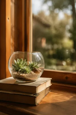 Sunlit Succulent Terrarium on Wooden Window Ledge