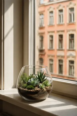 Sunlit Succulent Terrarium on Window Ledge
