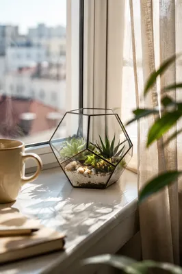 Sunlit Succulent Terrarium on Apartment Window Ledge