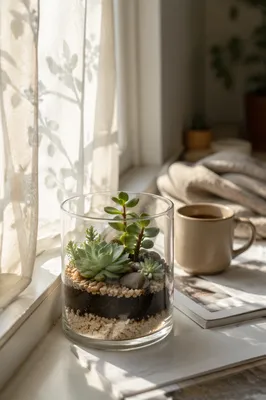Sunlit Succulent Terrarium on Window Ledge