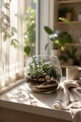 Sunlit Succulent Terrarium on Apartment Window Ledge