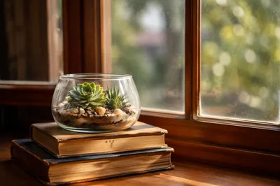 Sunlit Succulent Terrarium on Wooden Window Ledge