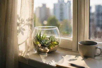 Sunlit Succulent Terrarium on Apartment Window Ledge