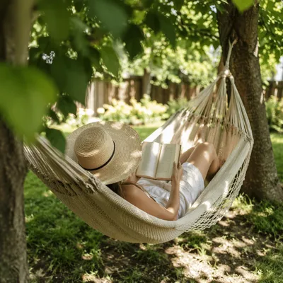 Peaceful Summer Hammock Reading Under Shade Trees