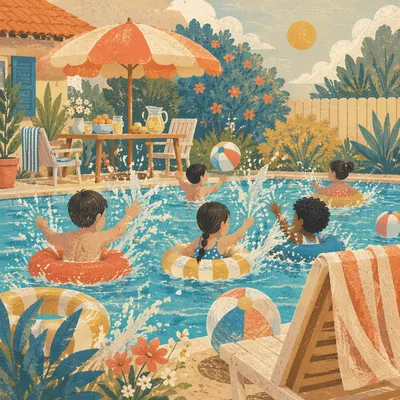 Kids Splashing at Summer Backyard Pool Party