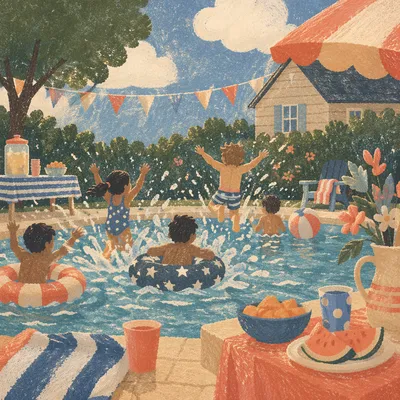 Cheerful Kids Splashing at Summer Pool Party