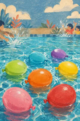 Colorful Water Balloons in Summer Pool